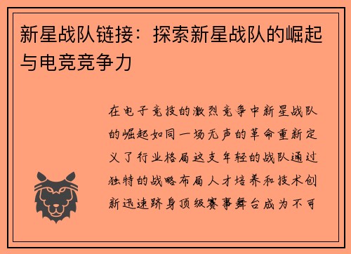 新星战队链接：探索新星战队的崛起与电竞竞争力